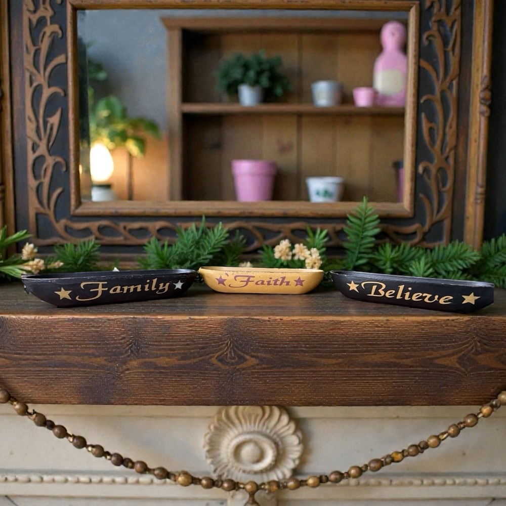 Primitive Wooden Bowls 3 PCs Faith Simplify Believe Family Rustic Country 11"